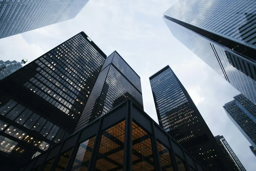 A city financial district skyline at dusk