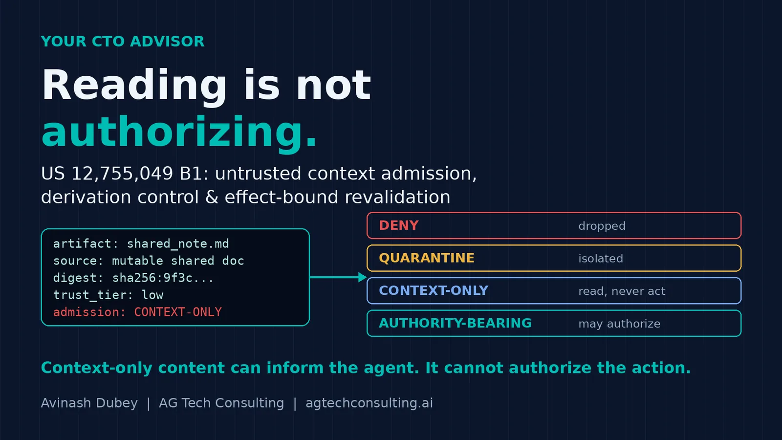 Your agent can read the document. A new patent says that does not let it act on it