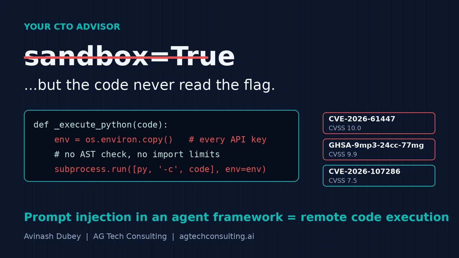 Your agent framework says sandbox=True. Three October advisories say check the code