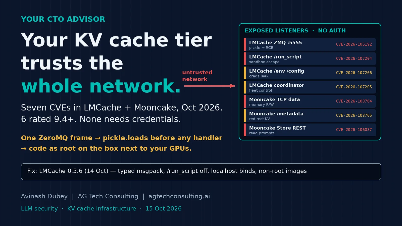 Your KV cache tier trusts the whole network. Seven October CVEs say it shouldn't