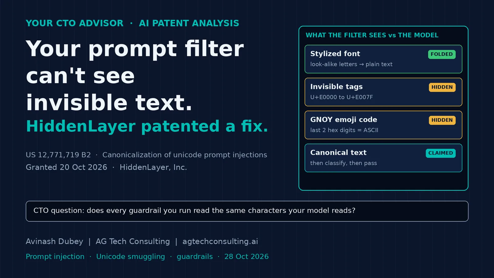 Your prompt filter can't see invisible text. HiddenLayer just patented a fix